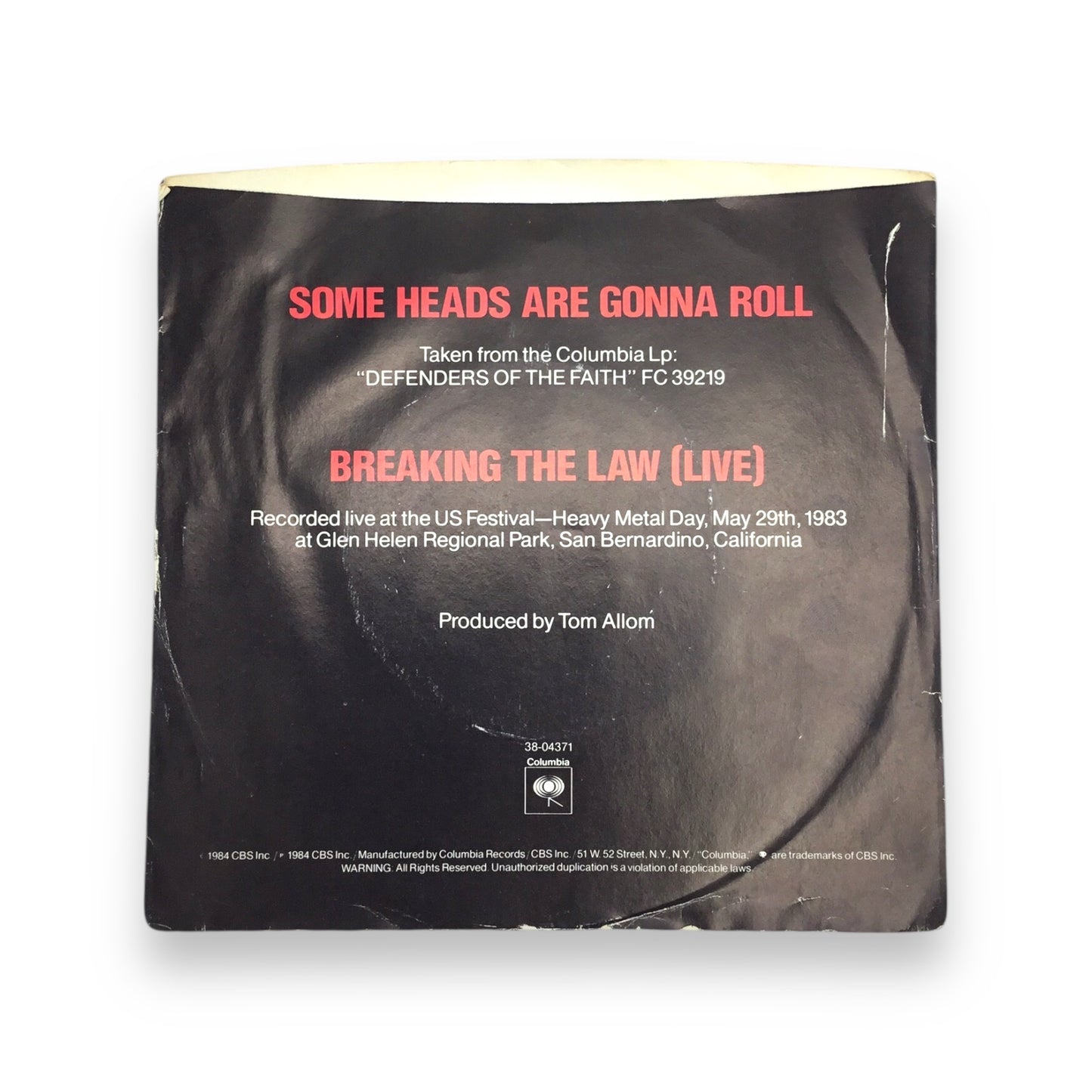 Judas Priest Some Heads Are Gonna Roll / Breaking the Law (Live) 45 Record Vinyl Columbia