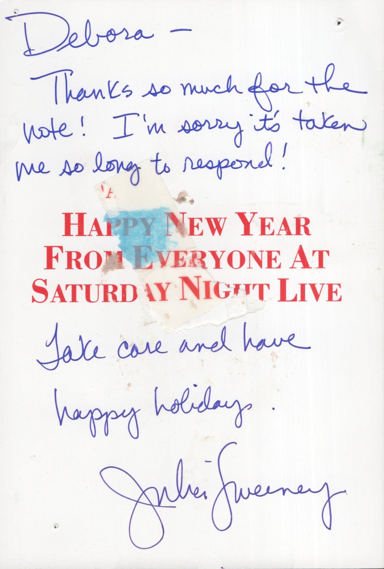 Julia Sweeney Signed Photo 4.5x6.5 Personalized to "Debora!" with Handwritten Note, Julia Sweeney Autograph as Pat from SNL