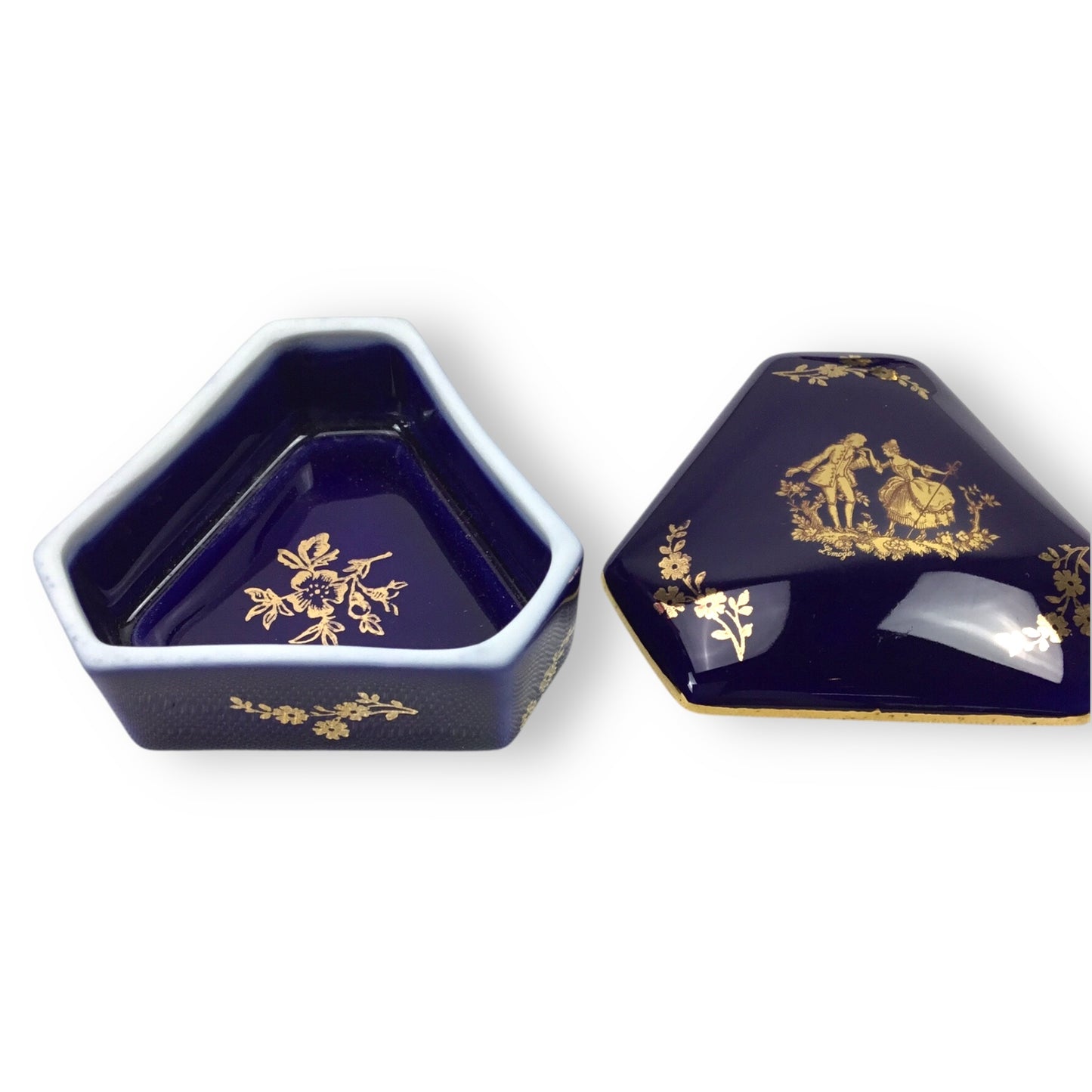 Limoges Cobalt Blue 22K Gold Trim Courtship Trinket Box & Mirror Set