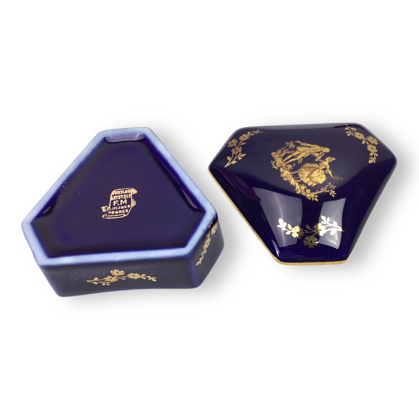 Limoges Cobalt Blue 22K Gold Trim Courtship Trinket Box & Mirror Set