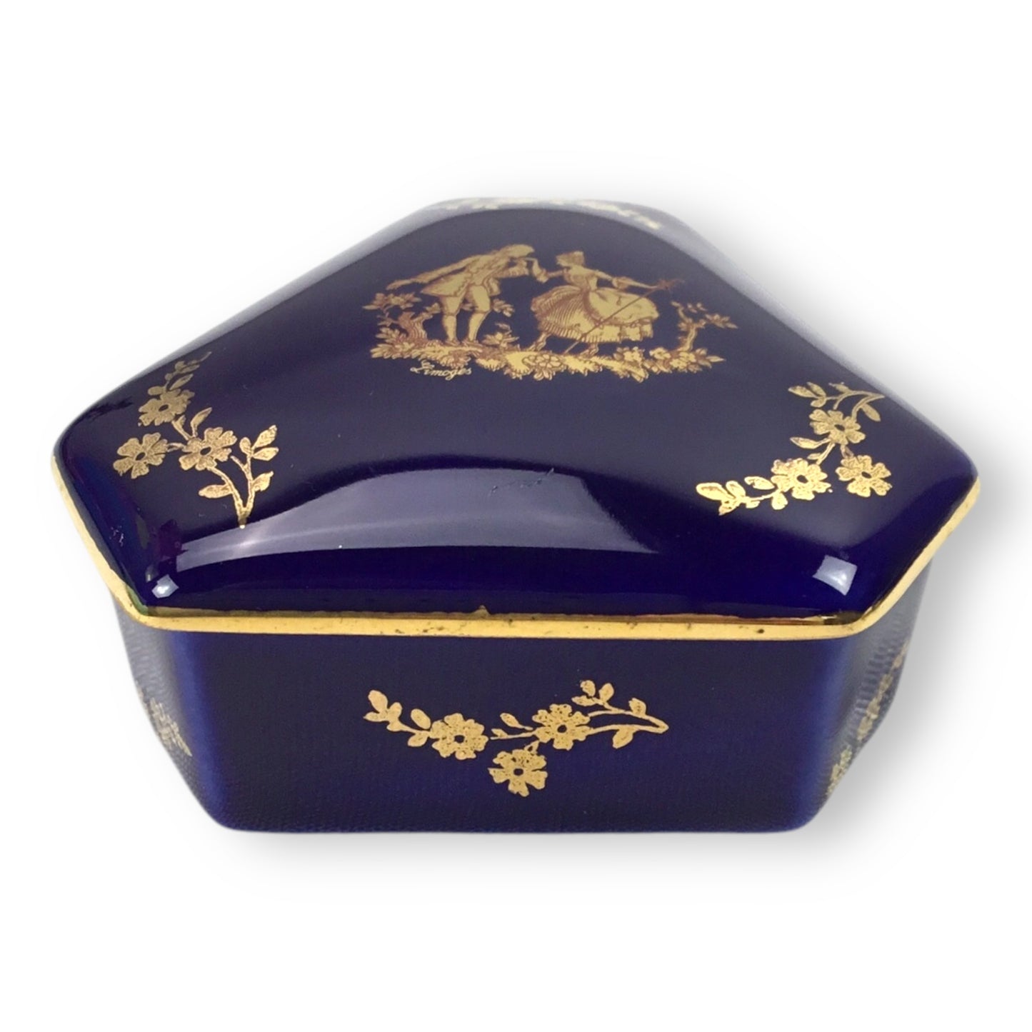 Limoges Cobalt Blue 22K Gold Trim Courtship Trinket Box & Mirror Set