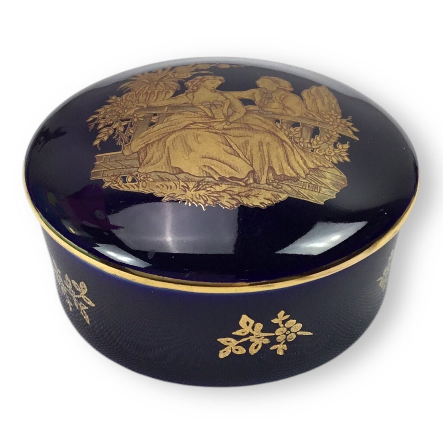 Limoges Cobalt Blue 22K Gold Trim Courtship Trinket Box & Mirror Set