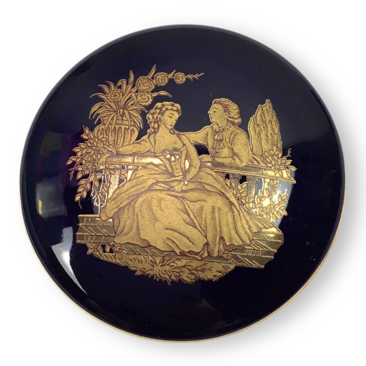 Limoges Cobalt Blue 22K Gold Trim Courtship Trinket Box & Mirror Set