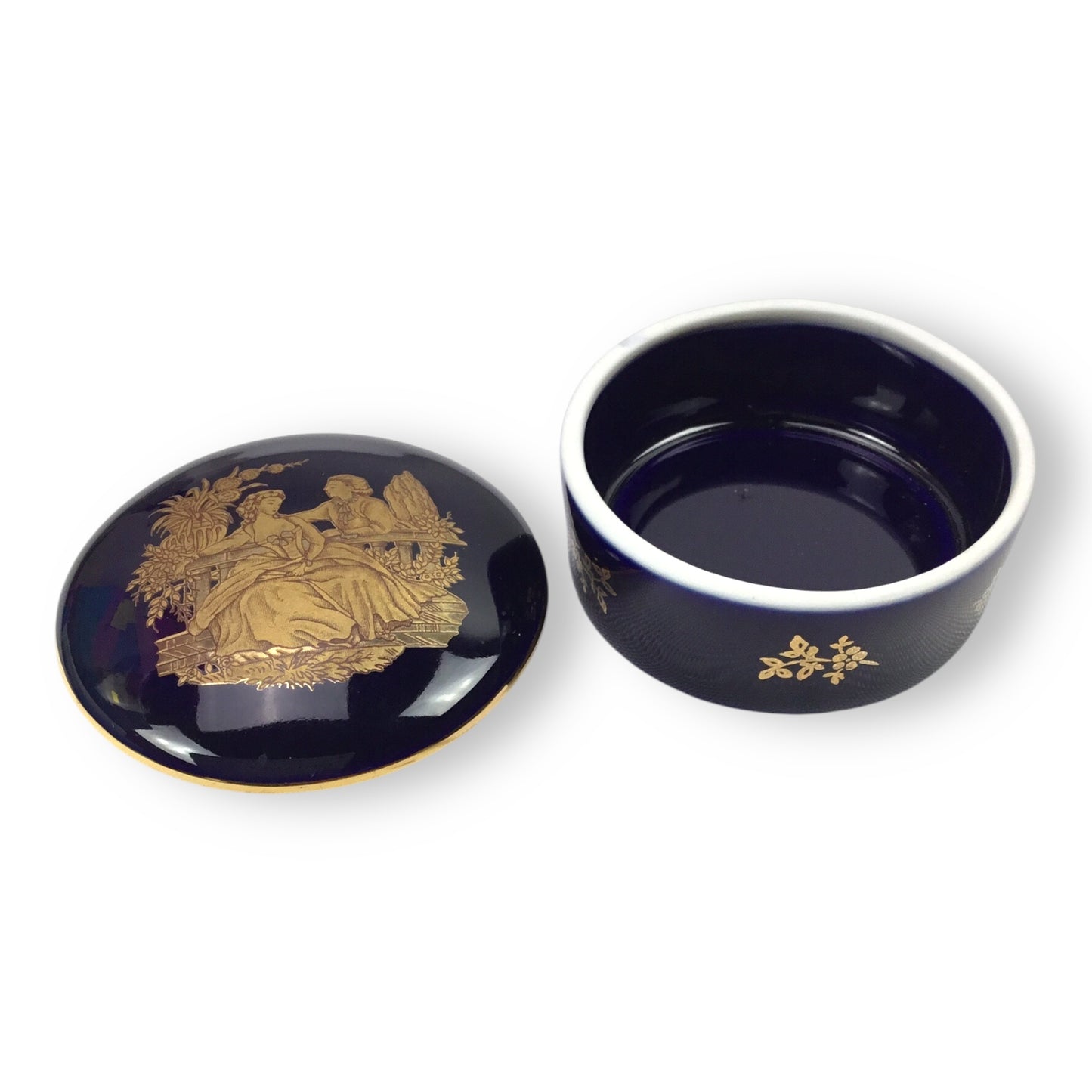 Limoges Cobalt Blue 22K Gold Trim Courtship Trinket Box & Mirror Set