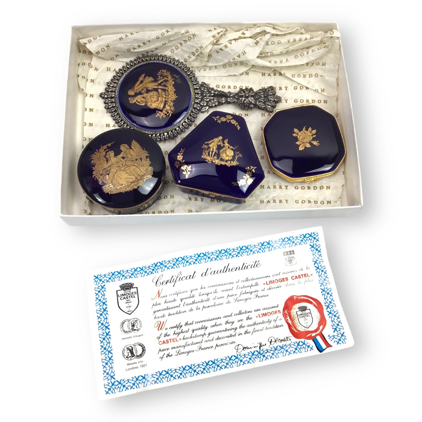 Limoges Cobalt Blue 22K Gold Trim Courtship Trinket Box & Mirror Set