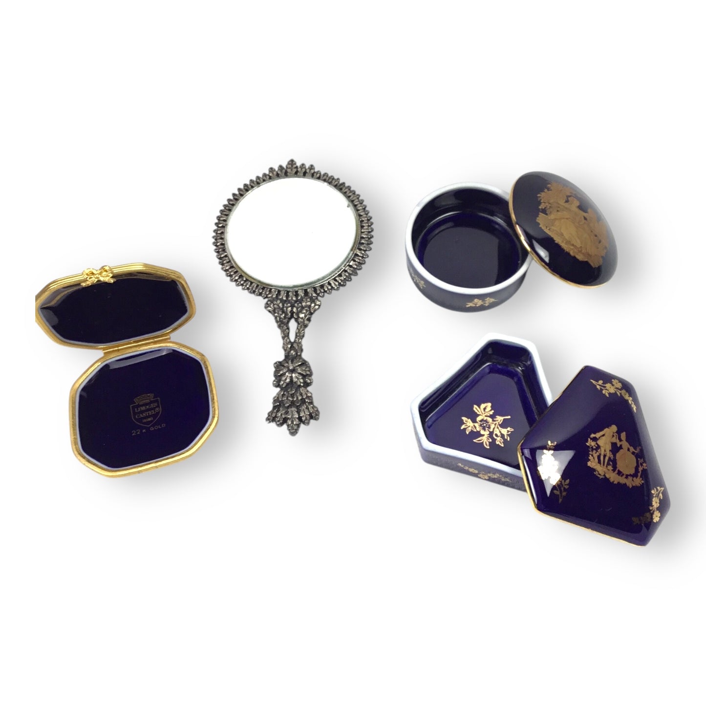 Limoges Cobalt Blue 22K Gold Trim Courtship Trinket Box & Mirror Set