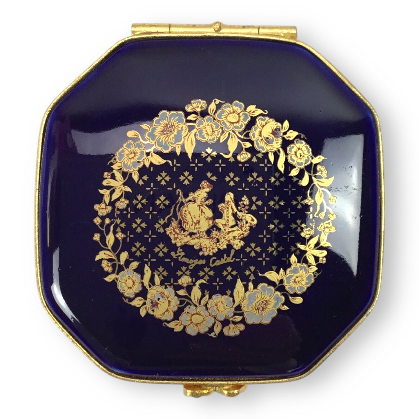Limoges Cobalt Blue 22K Gold Trim Courtship Trinket Box & Mirror Set