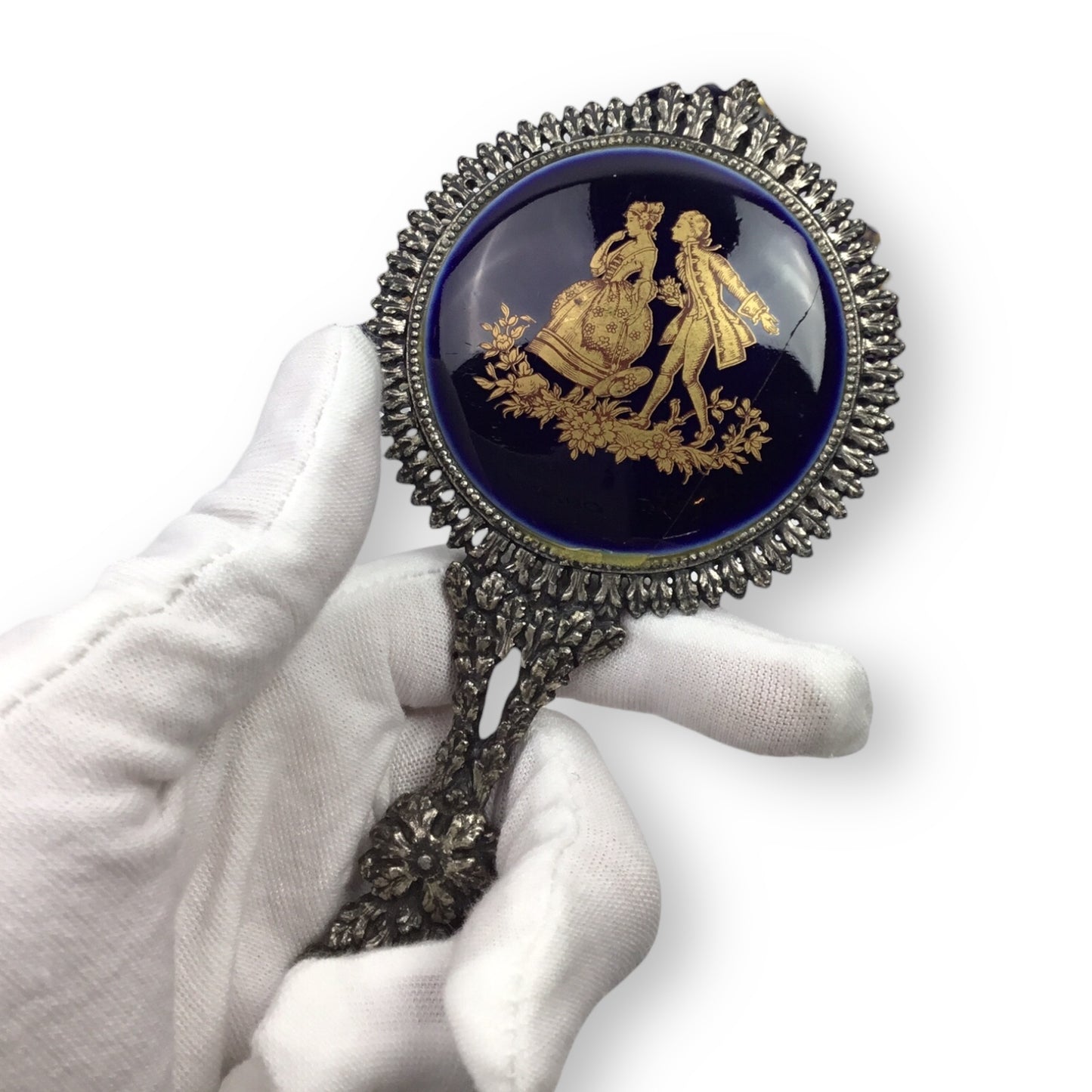 Limoges Cobalt Blue 22K Gold Trim Courtship Trinket Box & Mirror Set
