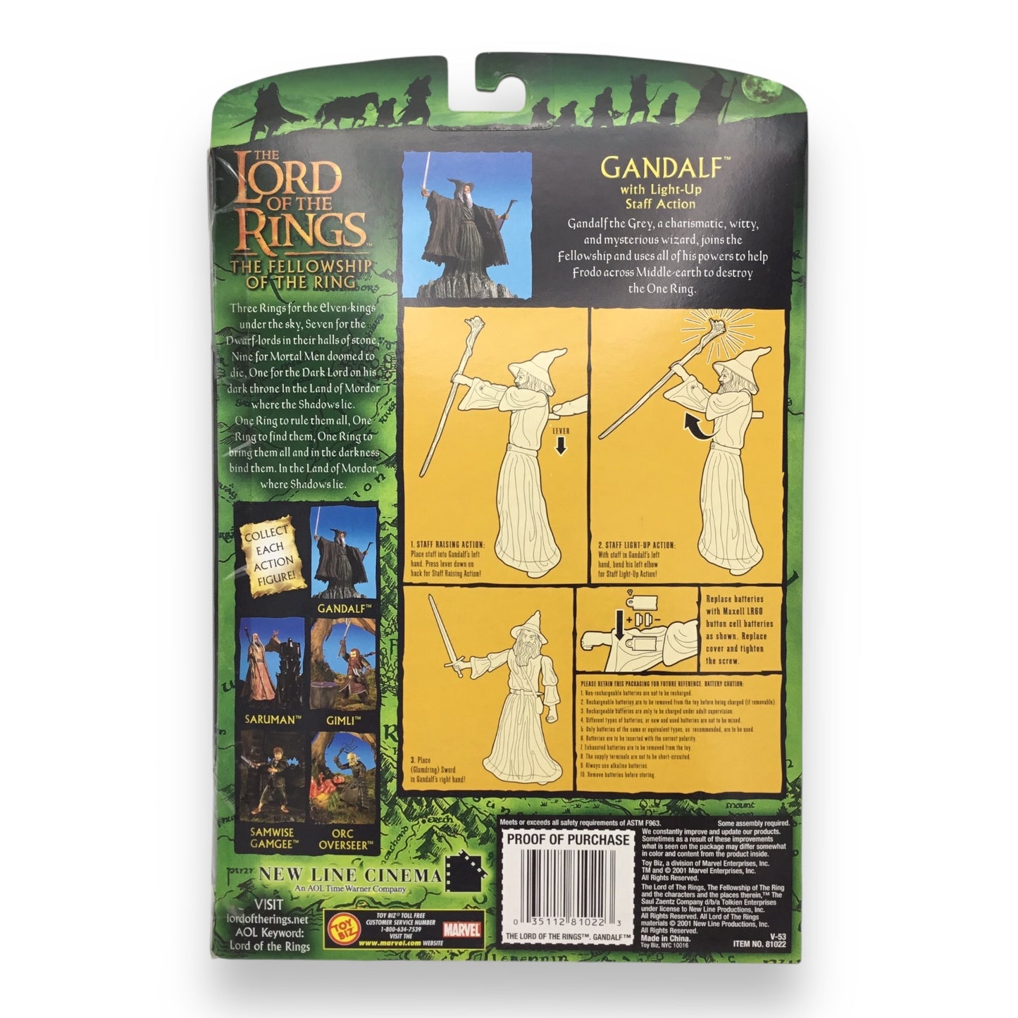 Lord of the Rings Fellowship of the Ring – Gandalf with Light-Up Staff Action (Toy Biz, 2001, New in Box)