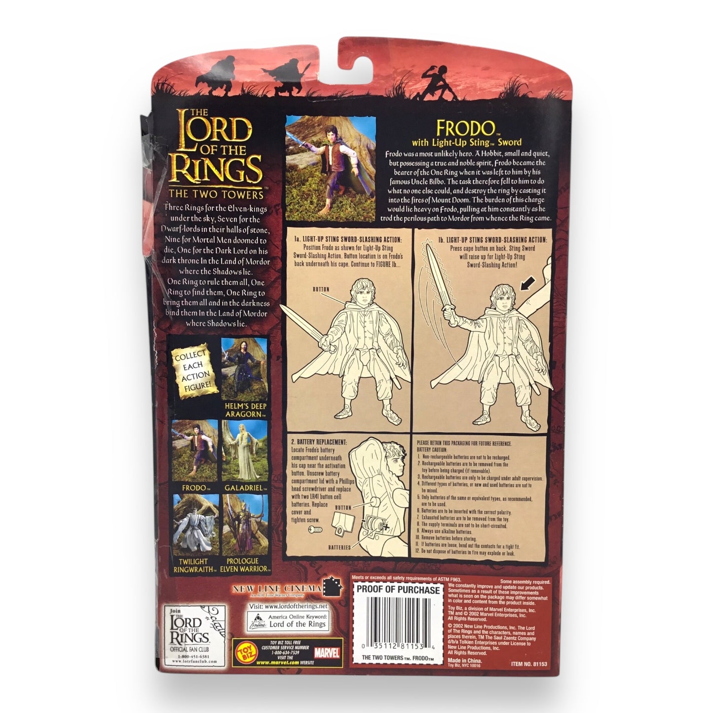 Lord of the Rings The Two Towers – Frodo with Light-Up Sting Sword (Toy Biz, 2002, New in Box)
