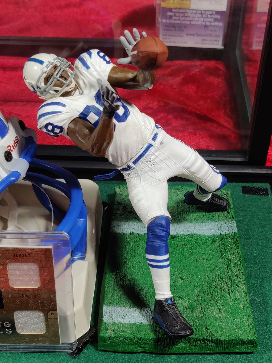 Marvin Harrison Colts Autographed Mini Helmet Shadowbox w/ Jersey Card & Figure