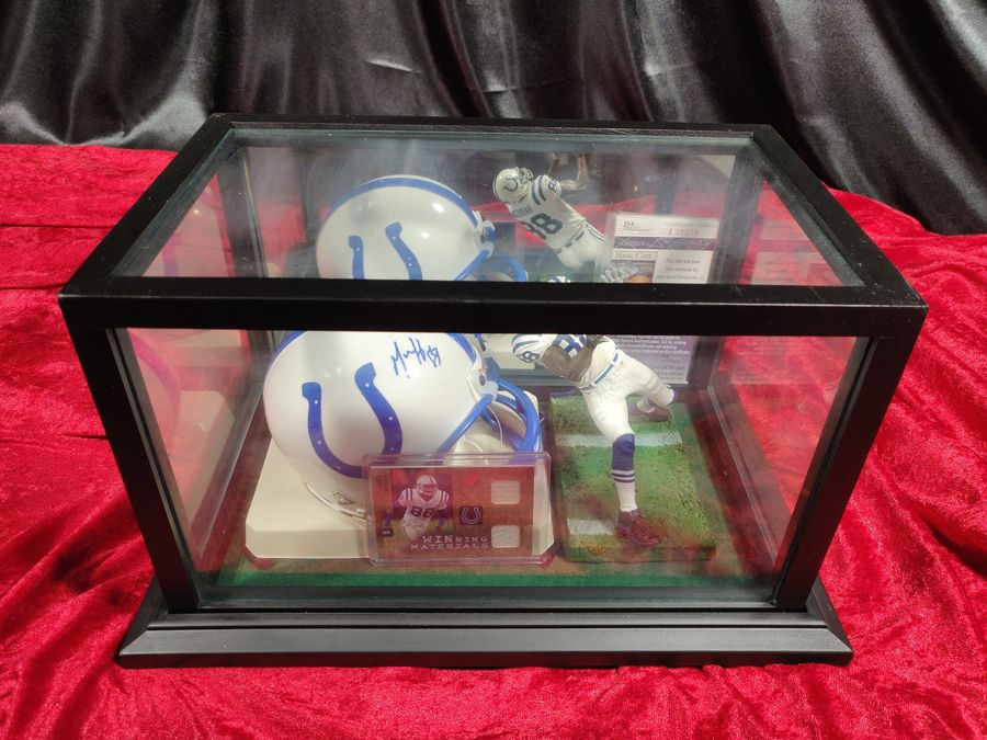 Marvin Harrison Colts Autographed Mini Helmet Shadowbox w/ Jersey Card & Figure