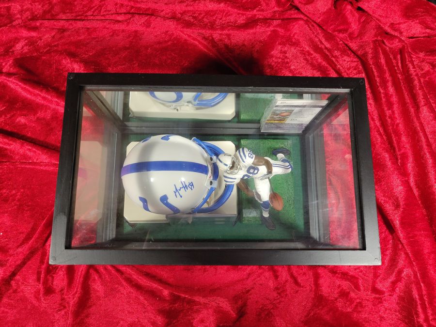 Marvin Harrison Colts Autographed Mini Helmet Shadowbox w/ Jersey Card & Figure