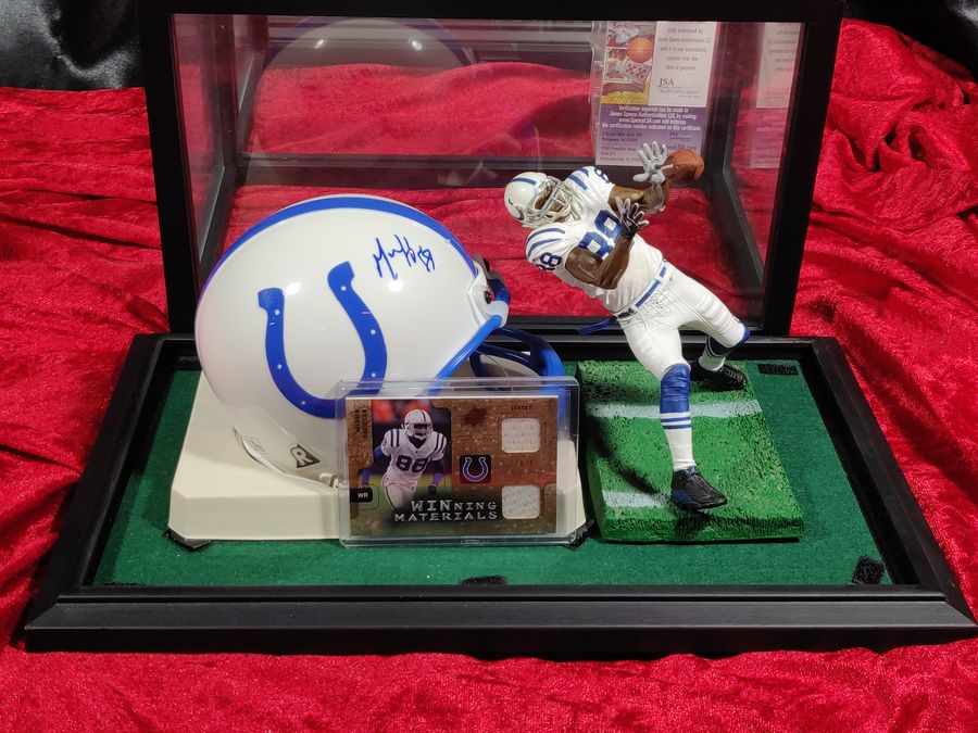 Marvin Harrison Colts Autographed Mini Helmet Shadowbox w/ Jersey Card & Figure
