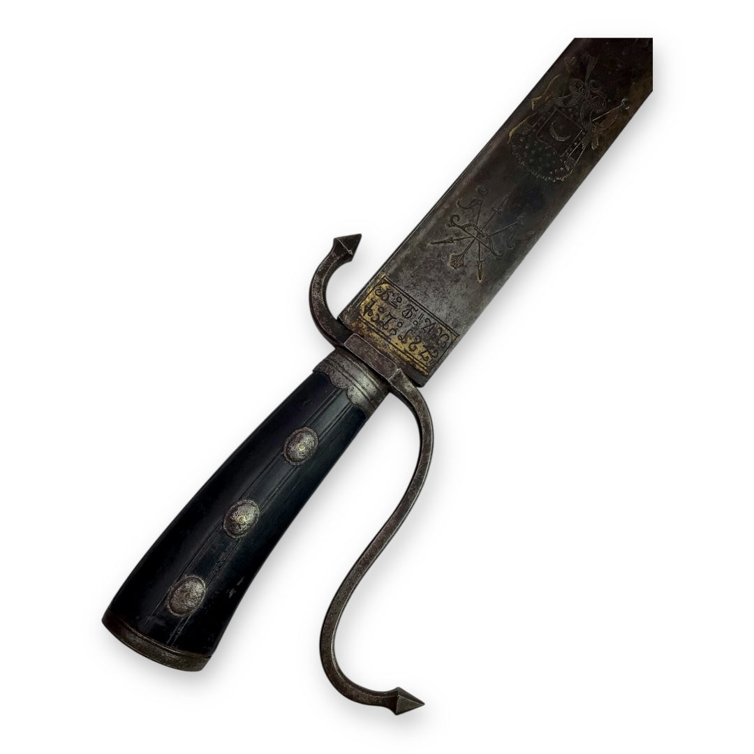 Massive French Cuttoe Hunting Sword Blued & Gilt Blade Rare Iron Hilt
