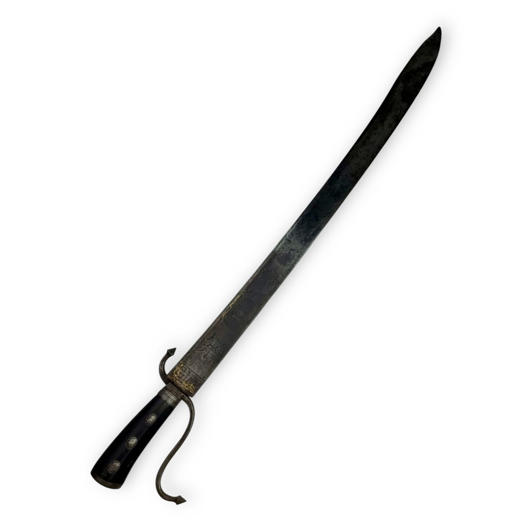 Massive French Cuttoe Hunting Sword Blued & Gilt Blade Rare Iron Hilt