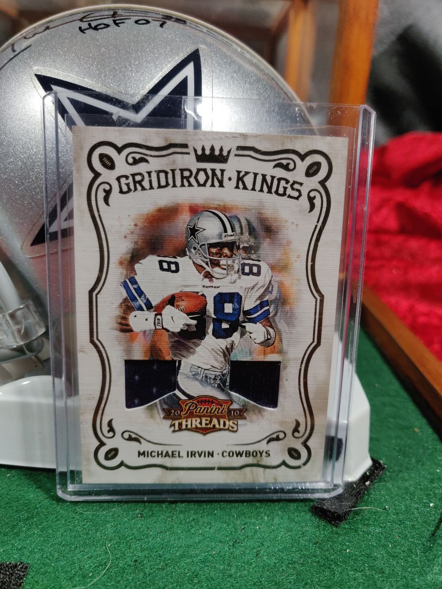Michael Irvin Cowboys Autographed Mini Helmet Shadowbox w/ Jersey Card + Figure