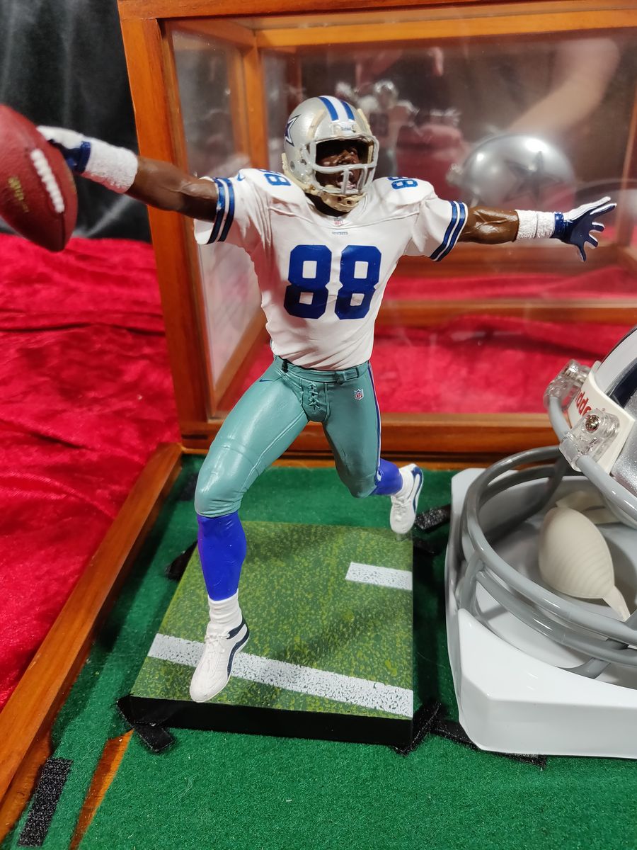 Michael Irvin Cowboys Autographed Mini Helmet Shadowbox w/ Jersey Card + Figure