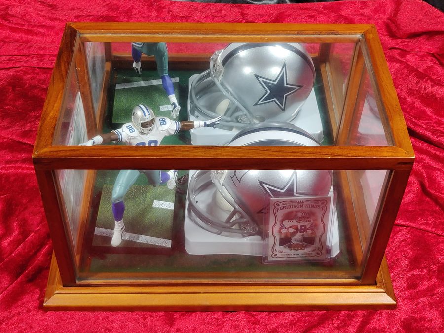 Michael Irvin Cowboys Autographed Mini Helmet Shadowbox w/ Jersey Card + Figure
