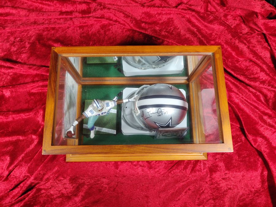 Michael Irvin Cowboys Autographed Mini Helmet Shadowbox w/ Jersey Card + Figure