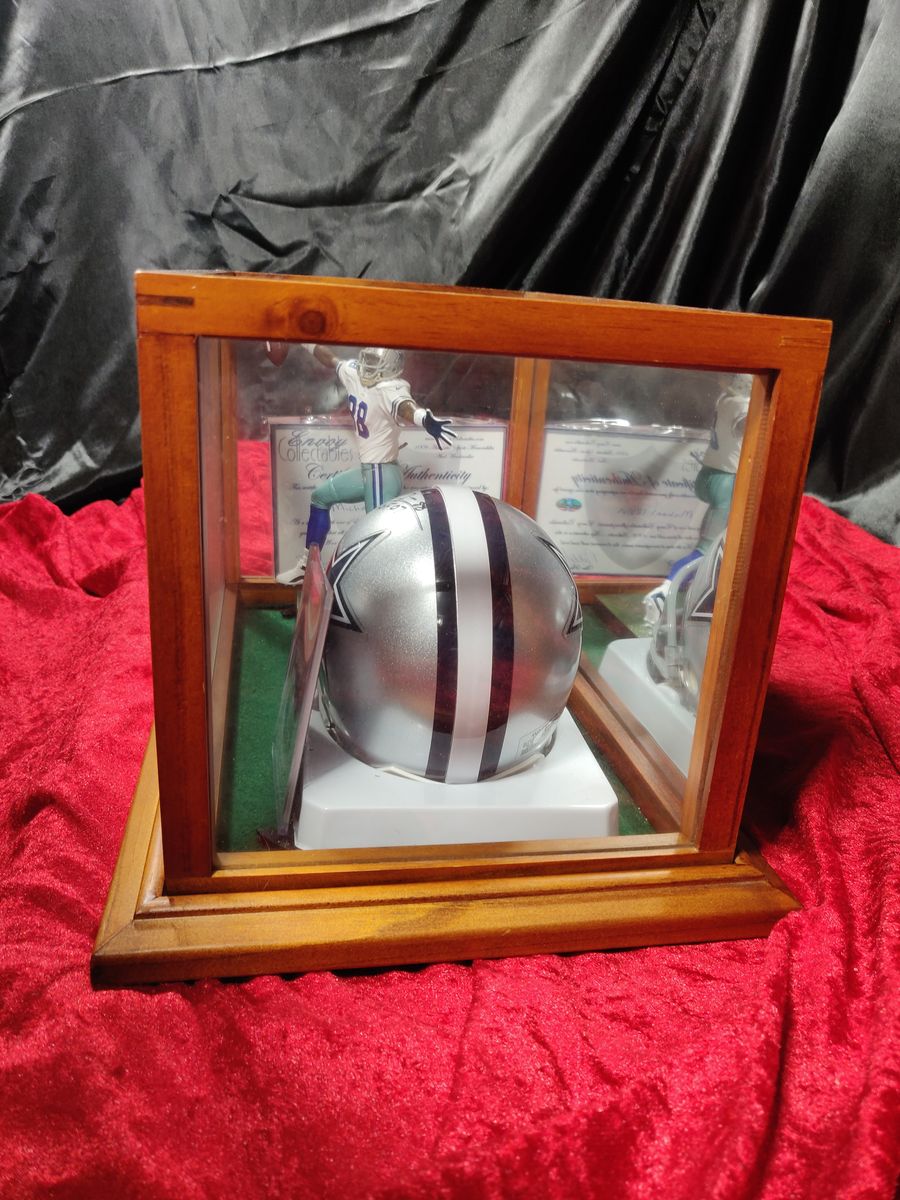 Michael Irvin Cowboys Autographed Mini Helmet Shadowbox w/ Jersey Card + Figure