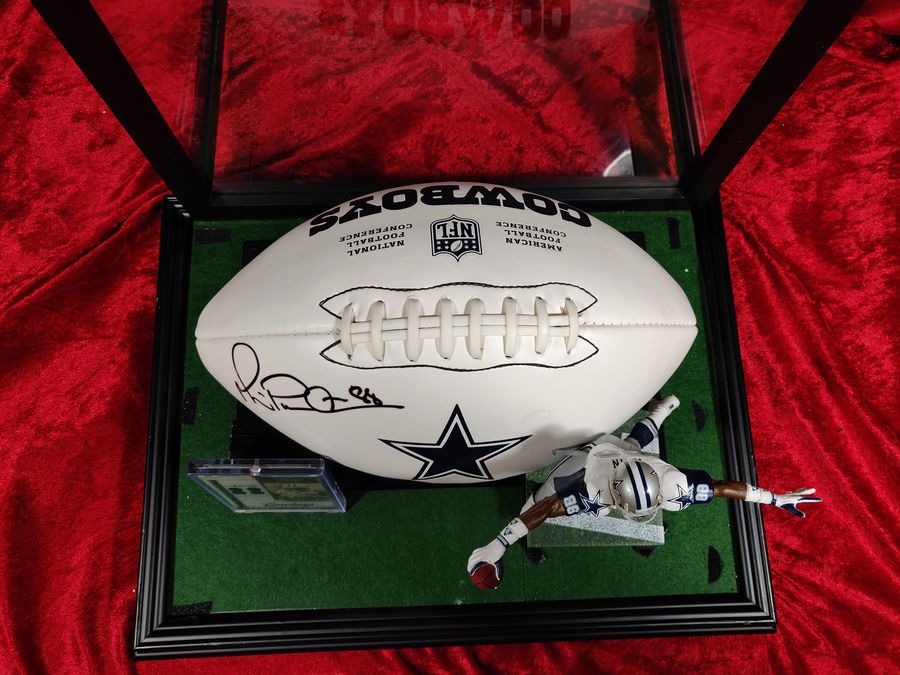 Michael Irvin Dallas Cowboys Autographed Football Shadowbox with Card and Figure