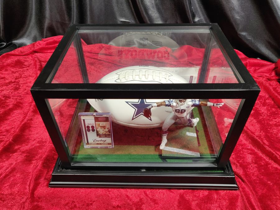 Michael Irvin Dallas Cowboys Autographed Football Shadowbox with Card and Figure