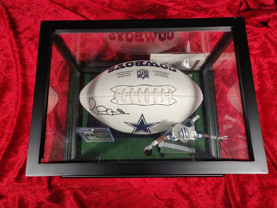 Michael Irvin Dallas Cowboys Autographed Football Shadowbox with Card and Figure
