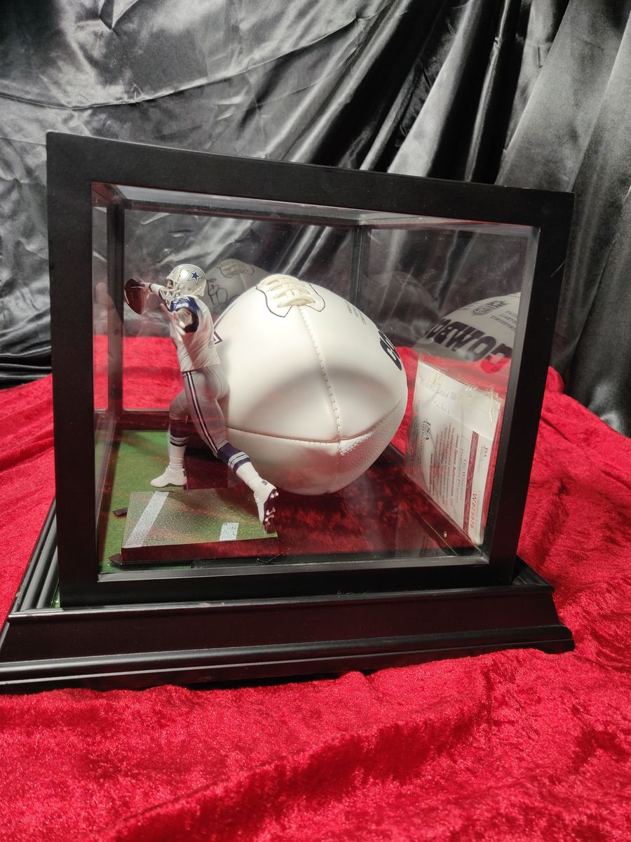Michael Irvin Dallas Cowboys Autographed Football Shadowbox with Card and Figure