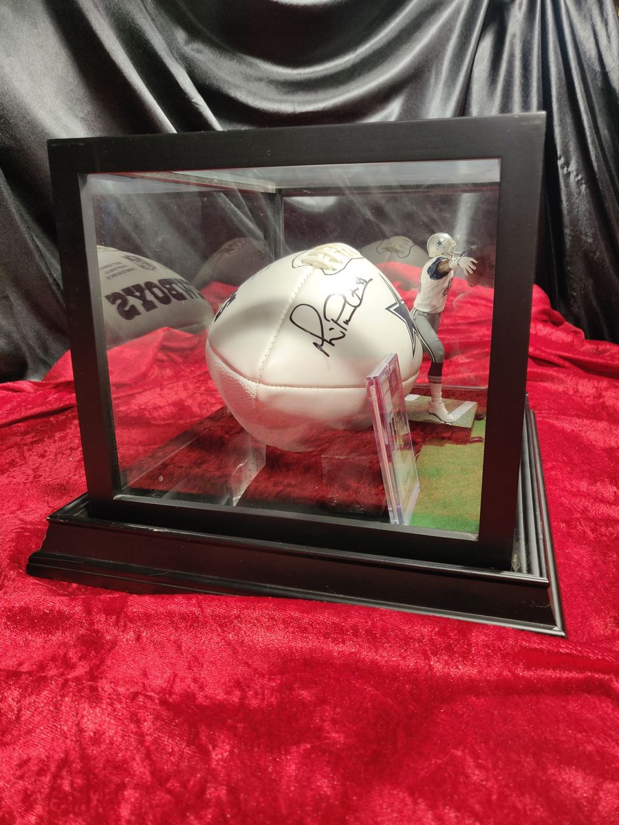 Michael Irvin Dallas Cowboys Autographed Football Shadowbox with Card and Figure