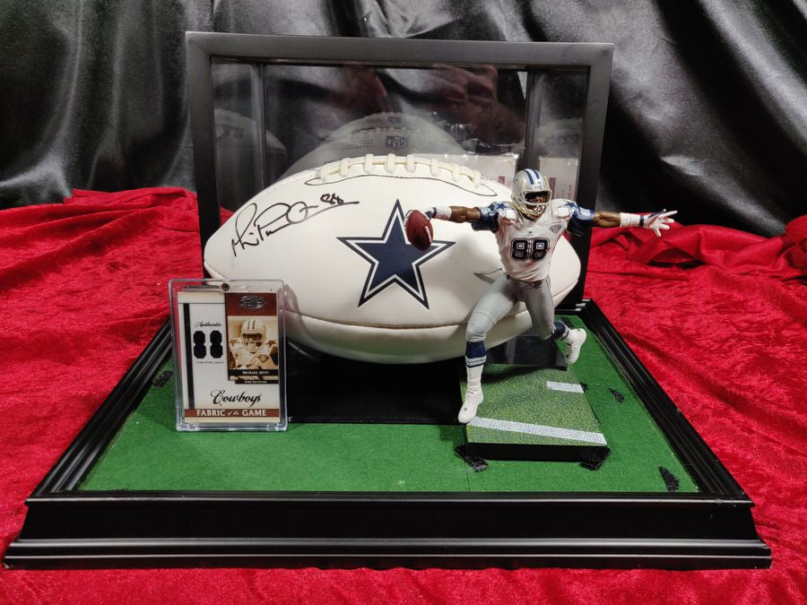 Michael Irvin Dallas Cowboys Autographed Football Shadowbox with Card and Figure