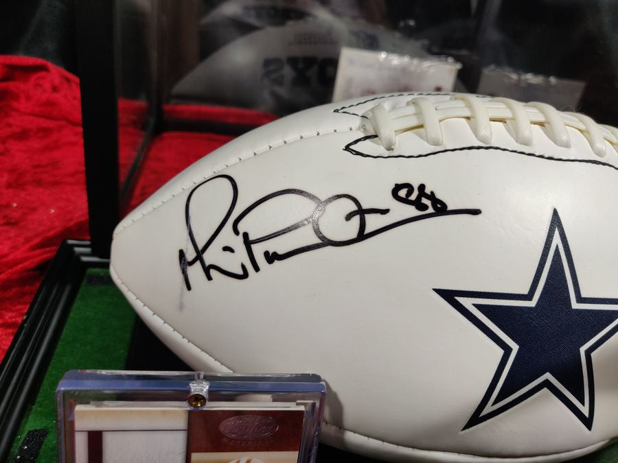Michael Irvin Dallas Cowboys Autographed Football Shadowbox with Card and Figure