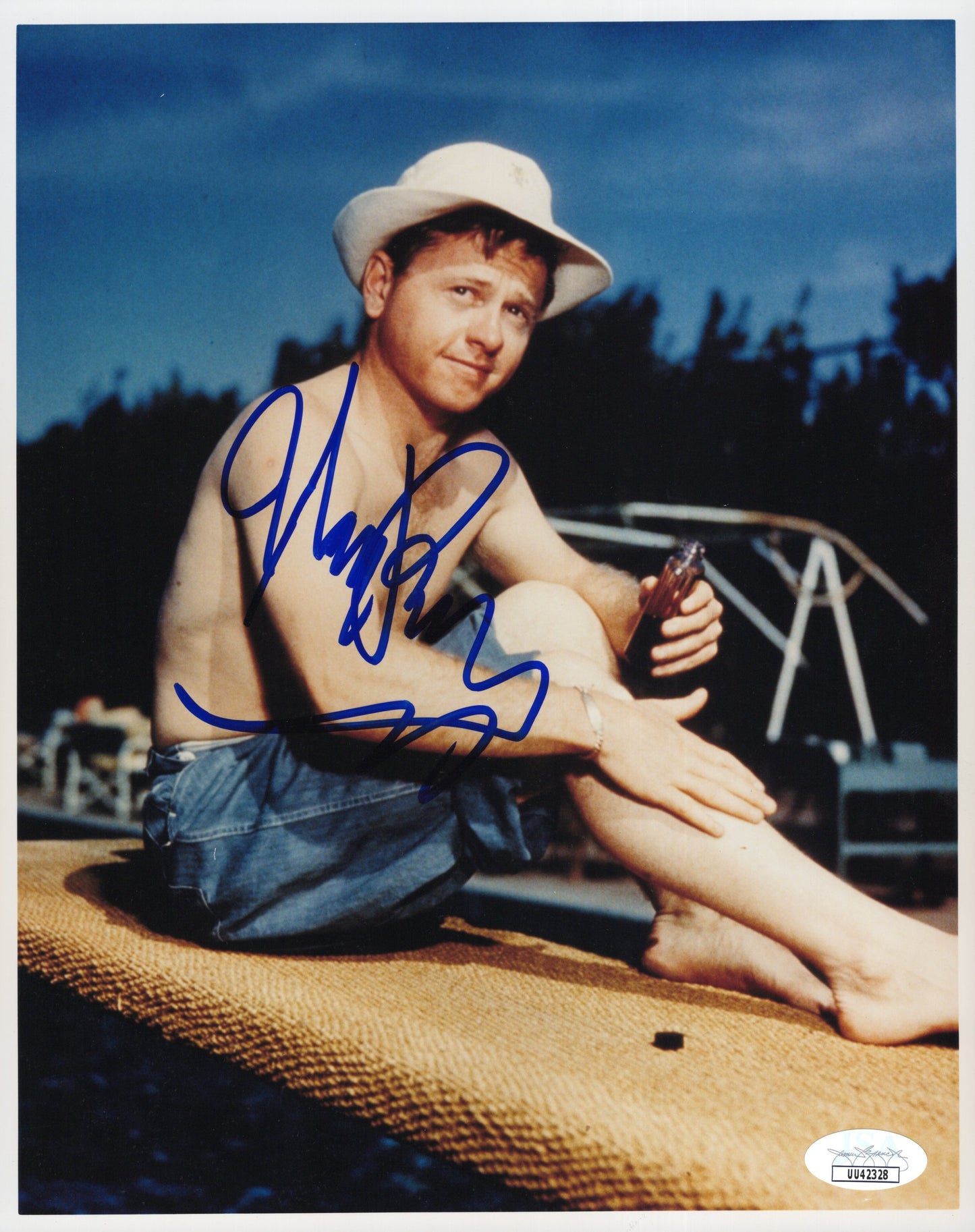Mickey Rooney Signed 8x10 Photo – Sitting on Boat in Rolled Up Jeans – JSA & PSA