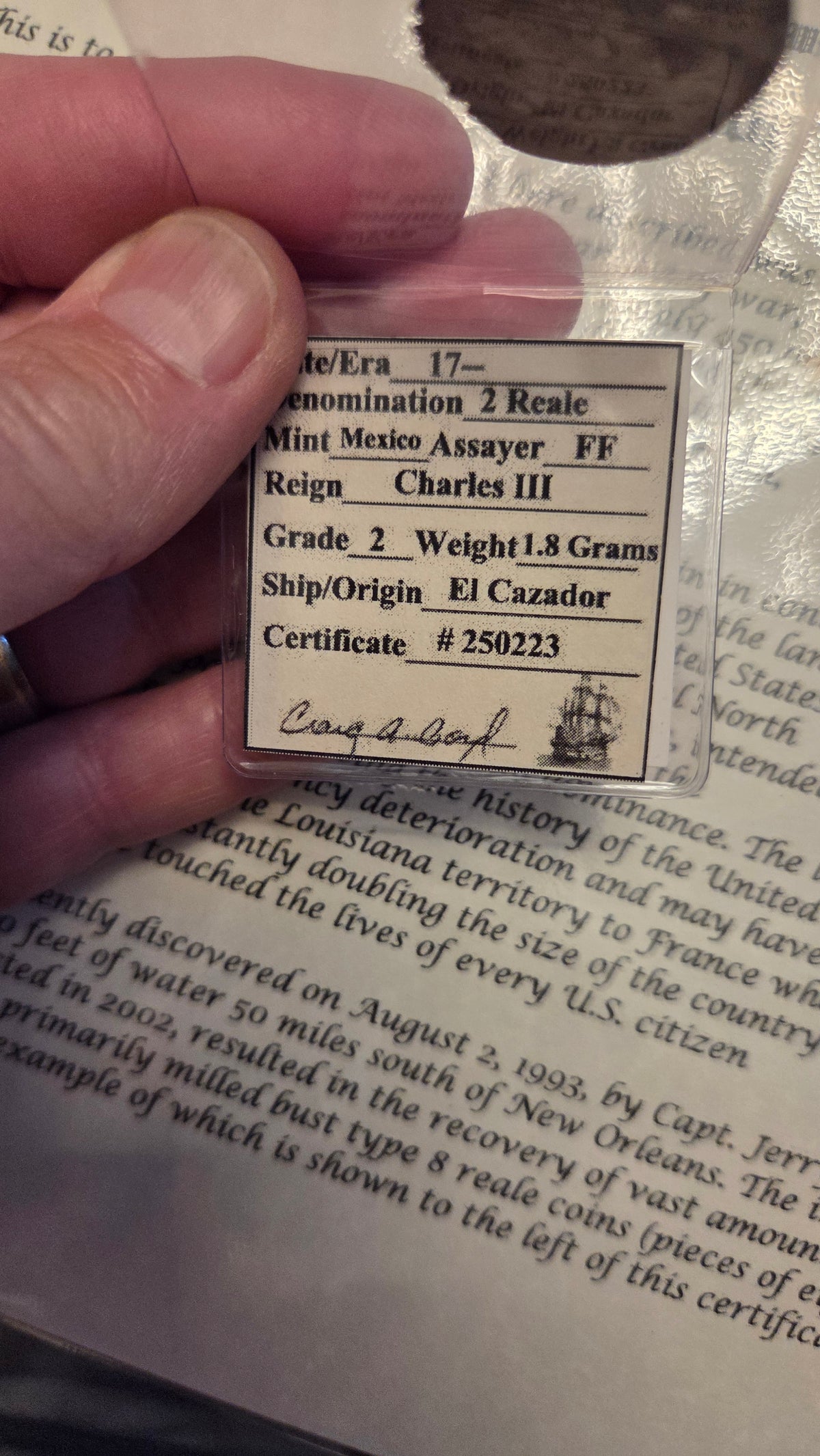 El Cazador Shipwreck Two Reale Coin from Reign of Charles III Mexico Mint Assayer FF c. 1783? 1.80 grams silver. Milled Bust 2 Reales Obverse and Reverse Design Certificate # 250223 Has COA from Shipwreck Museum