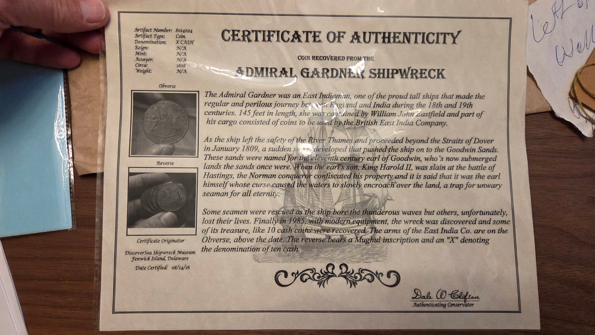 Admiral Gardner Shipwreck Coin #8014024 Has COA from Shipwreck Museum