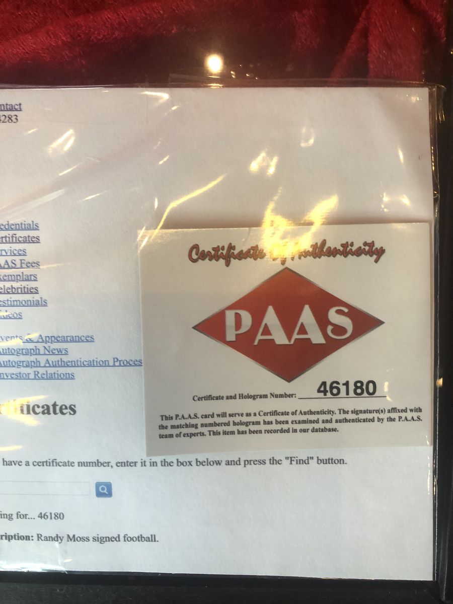 Original Randy Moss Vikings Certified Authentic Autographed Football Patch Shadowbox