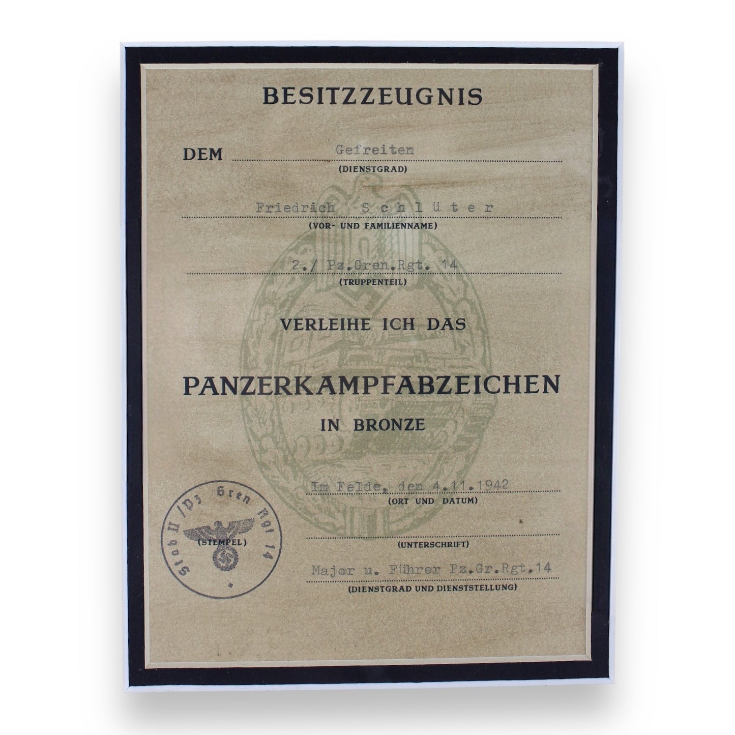 Panzer Tank Combat Badge in Bronze w/ Award Document Framed and Matted