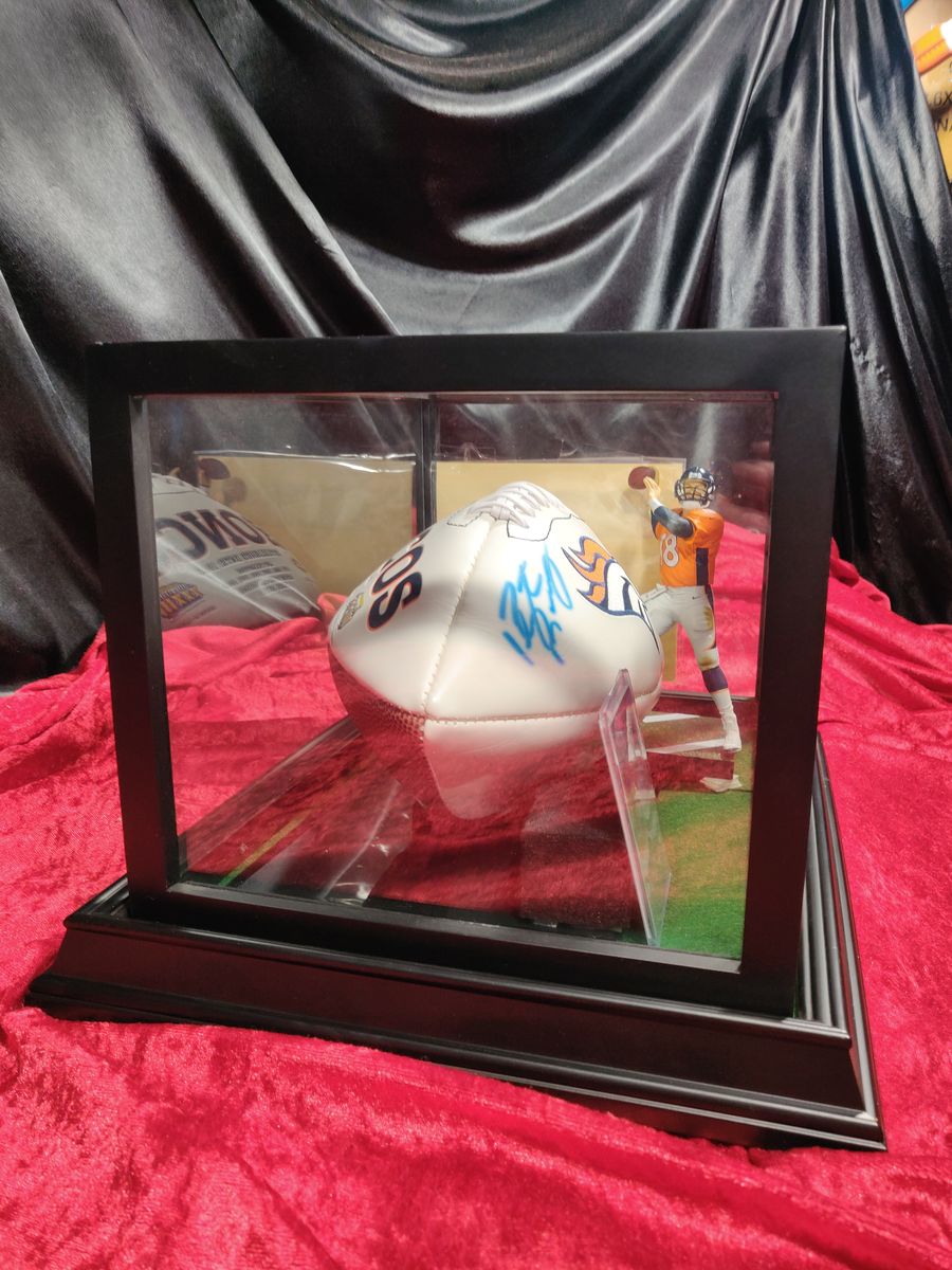 Payton Manning Denver Broncos Autographed Football Shadowbox with Card + Figure