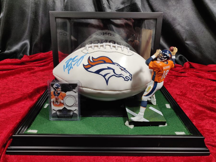 Payton Manning Denver Broncos Autographed Football Shadowbox with Card + Figure