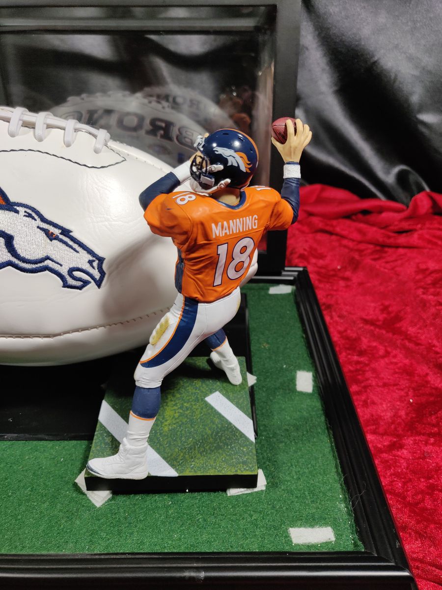 Payton Manning Denver Broncos Autographed Football Shadowbox with Card + Figure