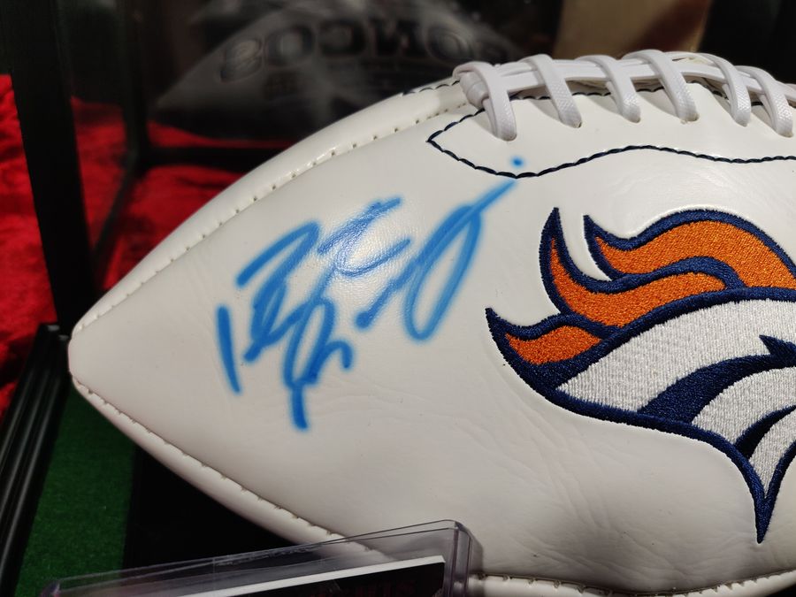 Payton Manning Denver Broncos Autographed Football Shadowbox with Card + Figure