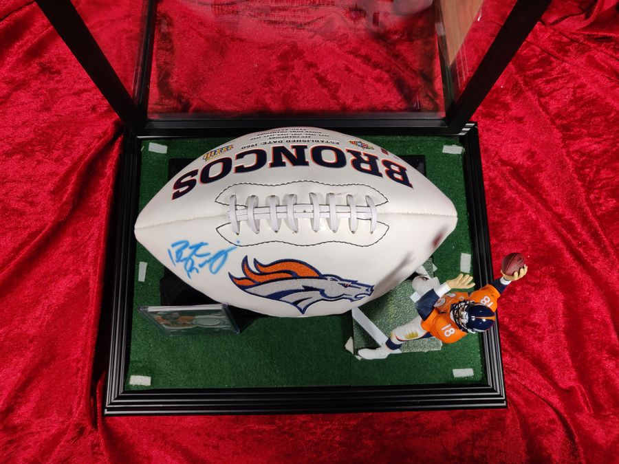 Payton Manning Denver Broncos Autographed Football Shadowbox with Card + Figure