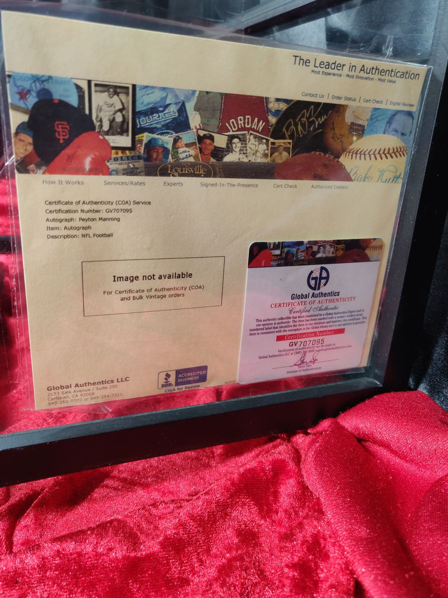 Payton Manning Denver Broncos Autographed Football Shadowbox with Card + Figure