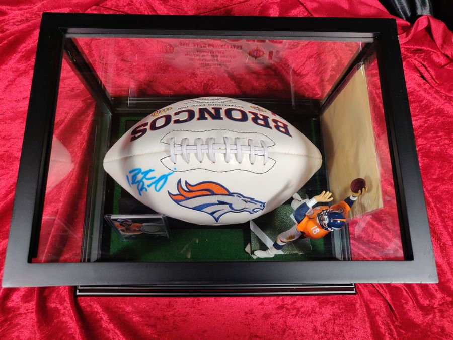 Payton Manning Denver Broncos Autographed Football Shadowbox with Card + Figure