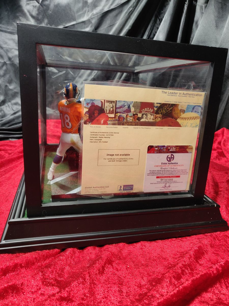 Payton Manning Denver Broncos Autographed Football Shadowbox with Card + Figure