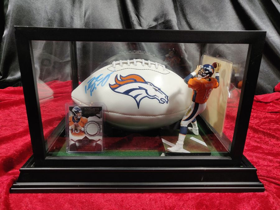 Payton Manning Denver Broncos Autographed Football Shadowbox with Card + Figure