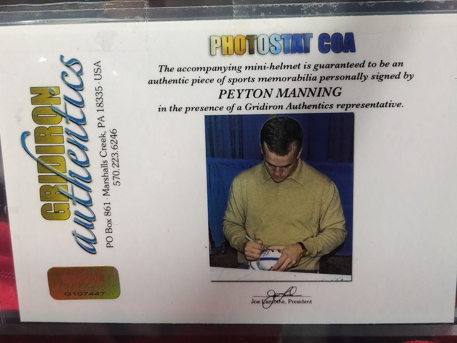 Peyton Manning Colts Autographed Mini Helmet Shadowbox w/ Jersey Card + Figure