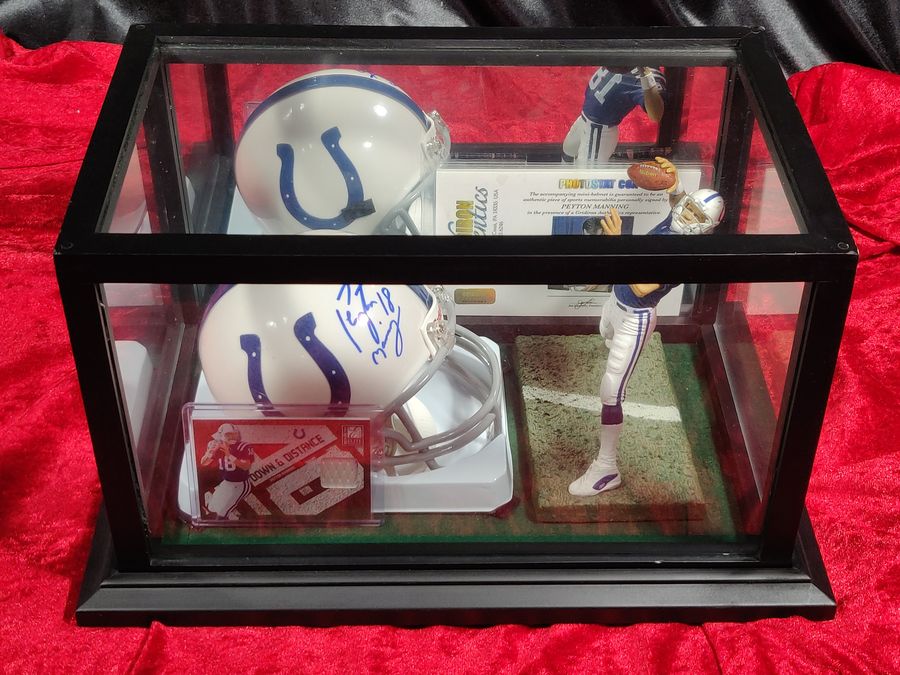 Peyton Manning Colts Autographed Mini Helmet Shadowbox w/ Jersey Card + Figure