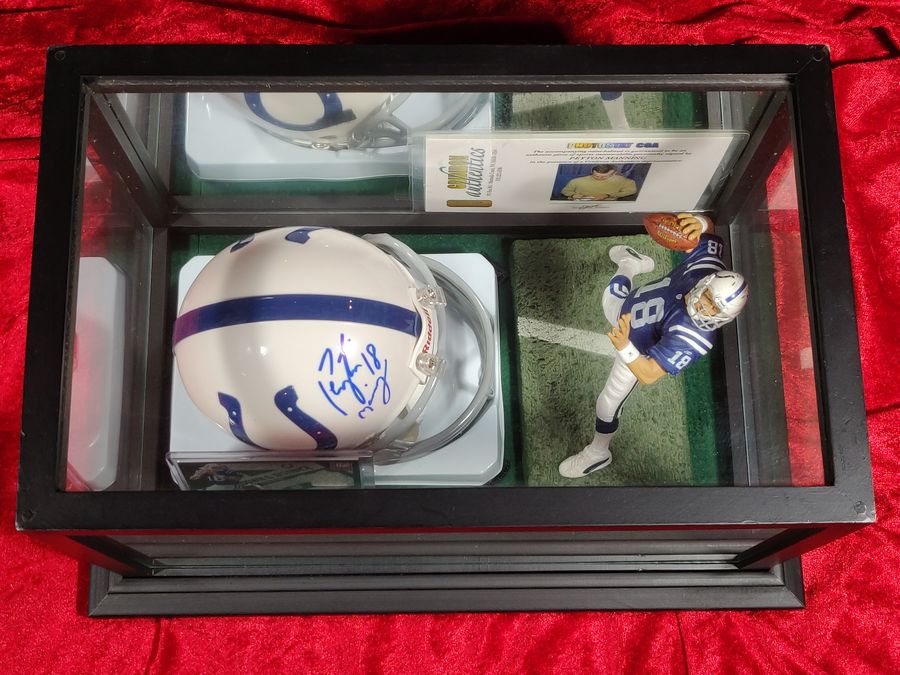 Peyton Manning Colts Autographed Mini Helmet Shadowbox w/ Jersey Card + Figure