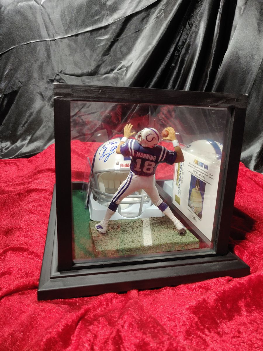 Peyton Manning Colts Autographed Mini Helmet Shadowbox w/ Jersey Card + Figure